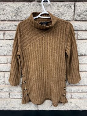 Brown Ribbed Funnel-Neck Sweater with Side Buttons